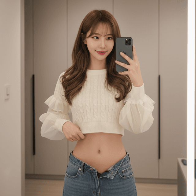 A person takes a mirror selfie wearing a stylish cropped sweater and jeans