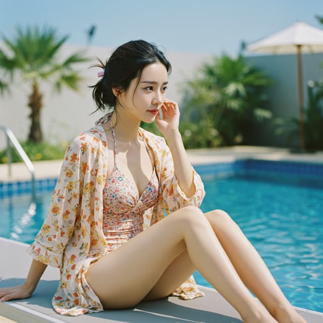 A woman in a floral swimsuit and cover-up sits by a poolside on a sunny day, surrounded by palm trees and umbrellas