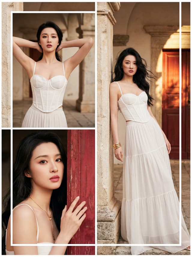 Three-photo collage of a woman in a white corset dress posing by stone arches and a red pillar in warm indoor light
