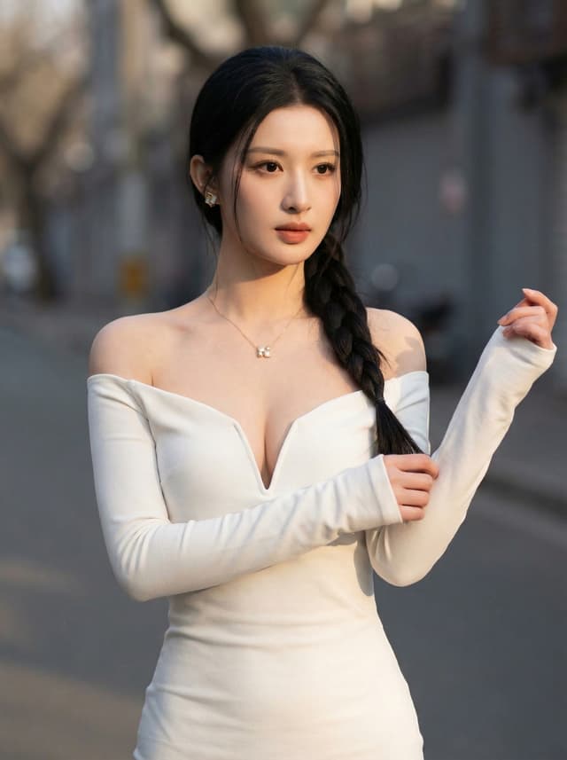 Young woman in an off-shoulder white dress standing on an empty street with long black hair in a side braid looking thoughtfully into the distance