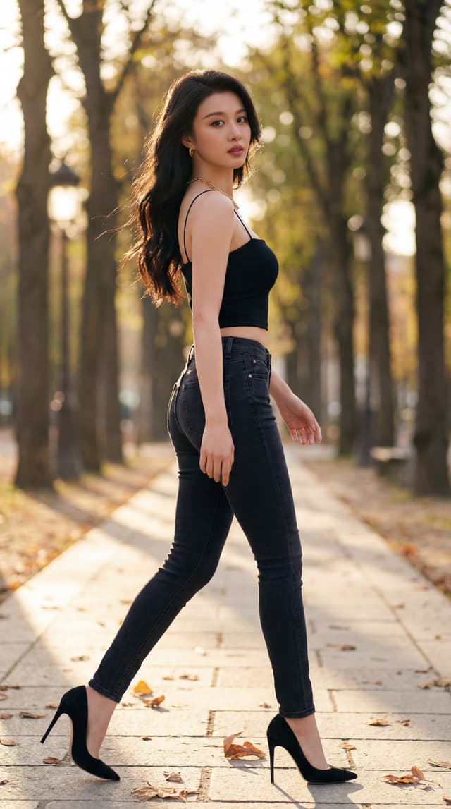 Side profile of a woman walking in high heels along a tree lined park path with autumn leaves and warm backlighting