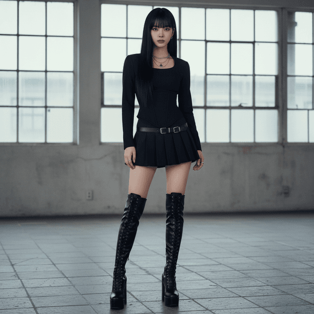 Woman in black outfit stands confidently in a spacious, well-lit room with large windows