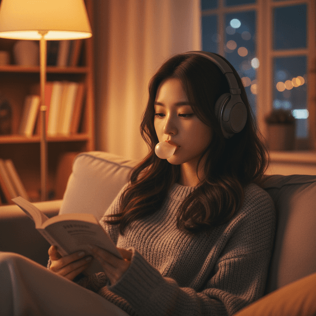 Woman reading on couch, blowing bubblegum, wearing headphones