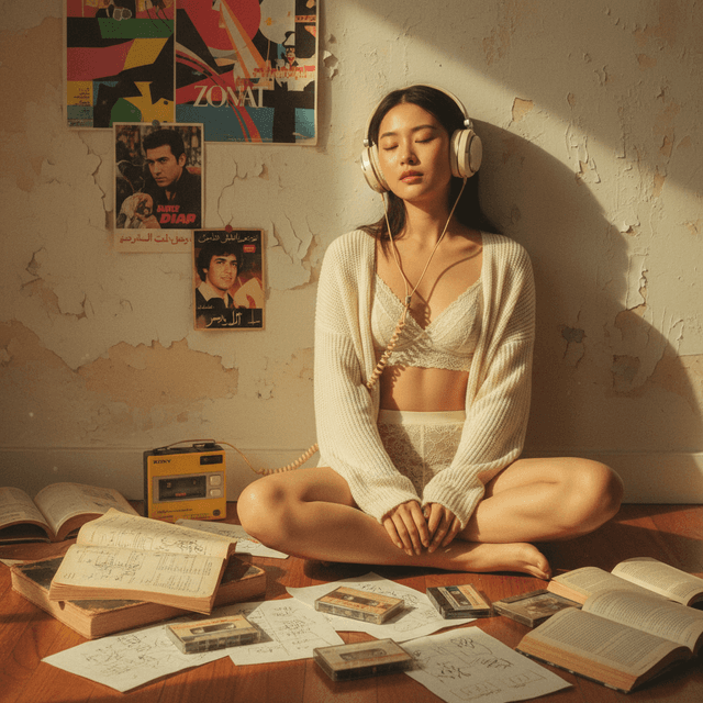 Person seated on floor with headphones surrounded by books and cassette tapes, enjoying sunlight