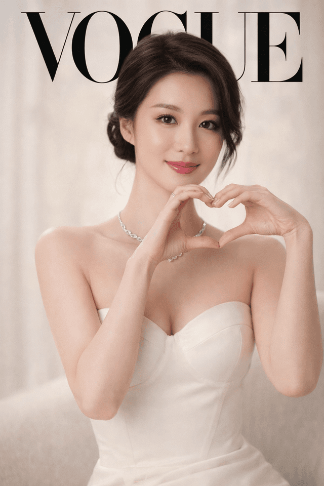 Smiling woman in a strapless white gown on a Vogue magazine cover forming a heart shape with her hands