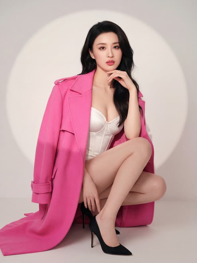 Studio portrait of a seated woman wearing lingerie and a pink trench coat with black heels against a light backdrop