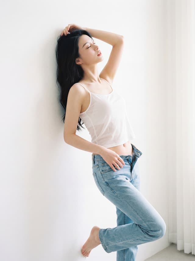 A person in a white tank top and blue jeans leaning against a wall near a bright window in soft natural light