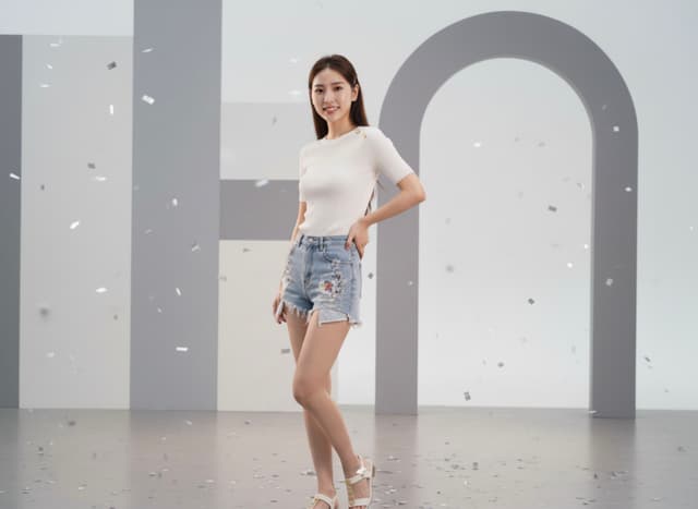 A person posing in a white top and denim shorts, surrounded by confetti, with a modern abstract background