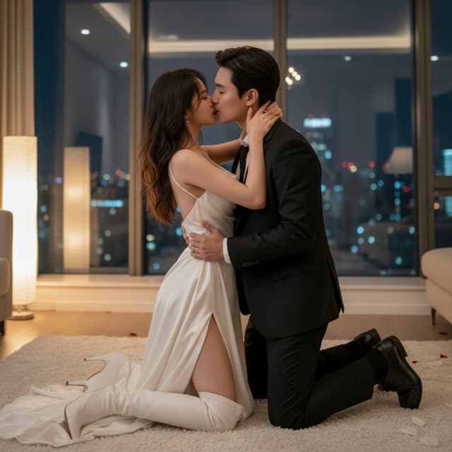 A couple kneeling and kissing in an elegantly decorated room with large windows overlooking a cityscape at night