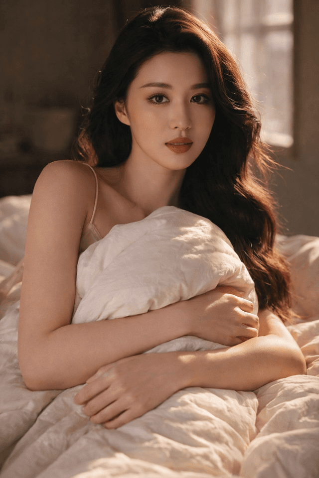 Person reclining in bed hugging a pillow in warm window light