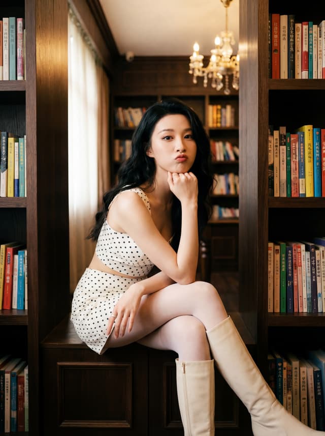 Woman in a polka dot dress sitting in a library alcove between bookshelves wearing knee high boots