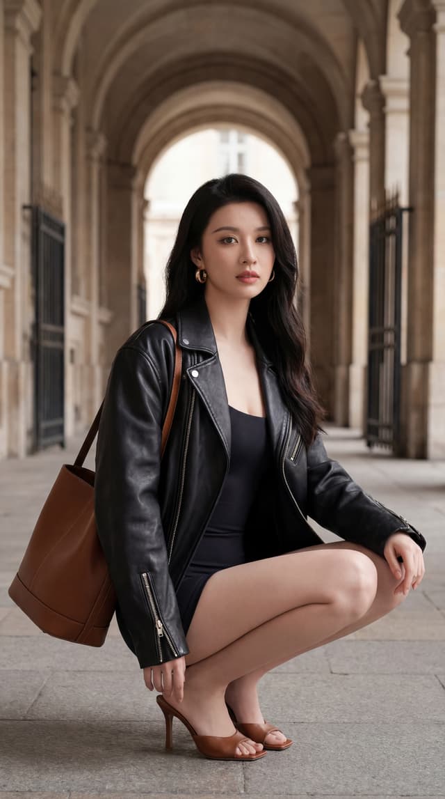 Woman crouching in a stone archway corridor wearing a leather jacket and heels with a shoulder bag
