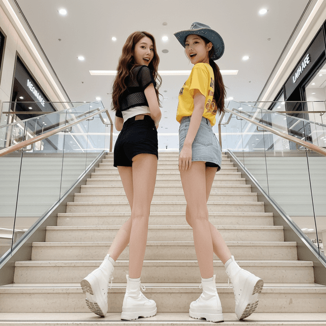 Two women posing on a staircase, wearing shorts and white boots, one with a cowboy hat