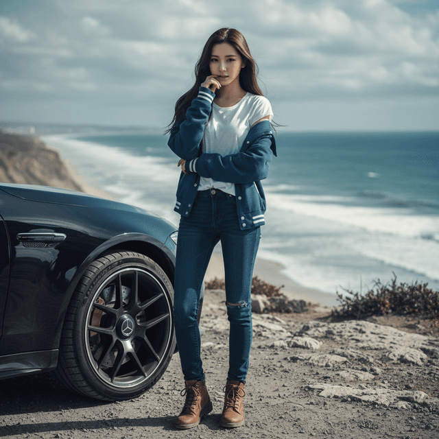 Person standing by a car on a cliffside road overlooking the ocean, with a cloudy sky and expansive view