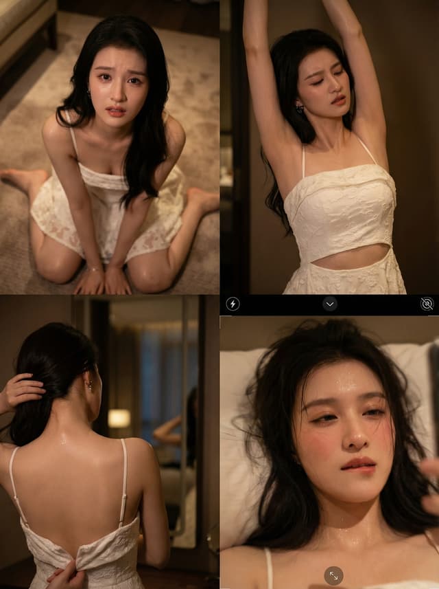 Young woman in a white dress photographed in multiple intimate poses on the floor and bed of a softly lit bedroom, conveying a quiet and introspective mood