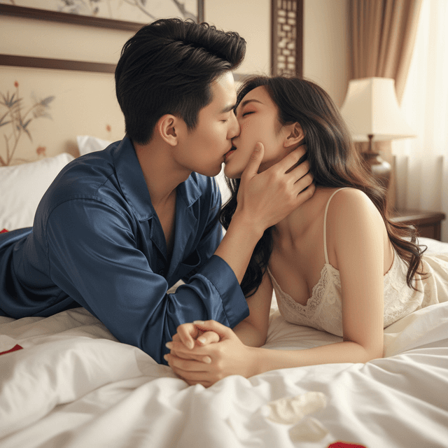 A couple sharing a kiss while lying on a bed, wearing sleepwear in a softly lit room with a relaxed atmosphere