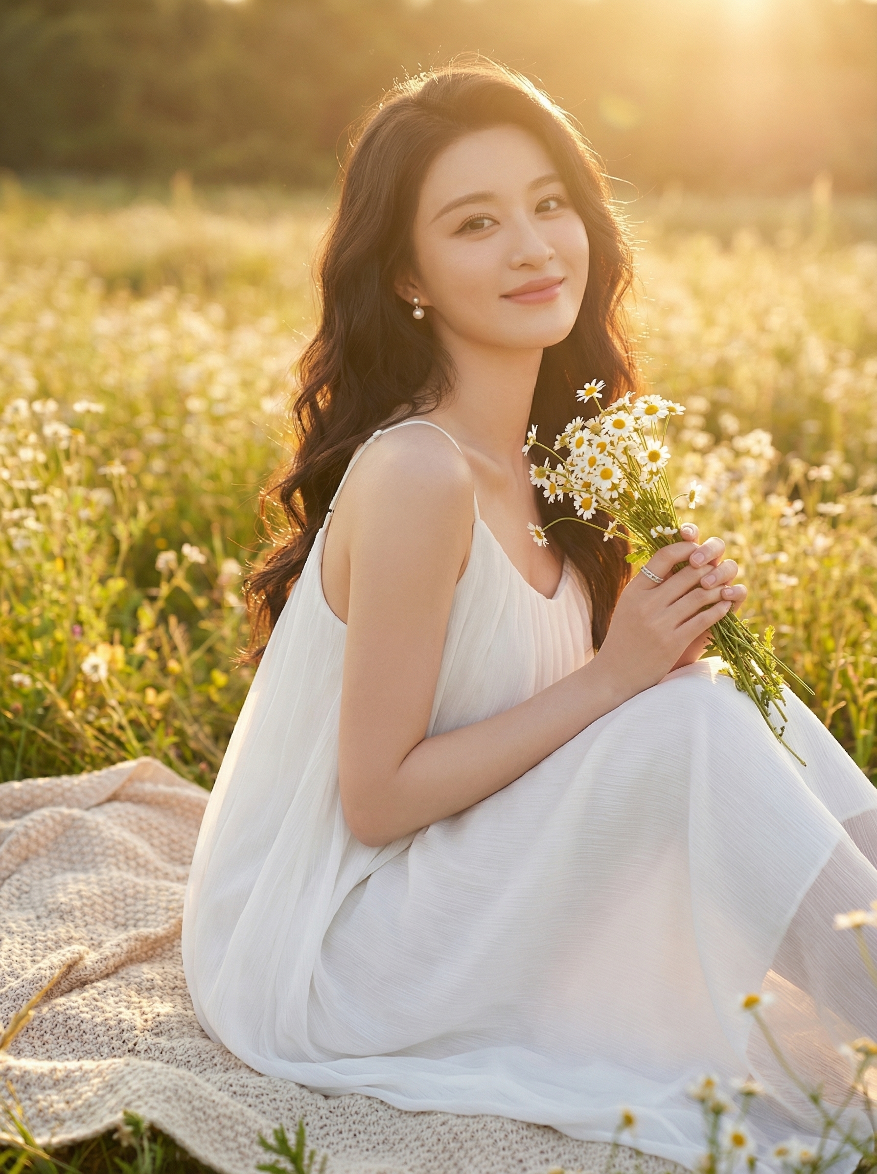 Young woman in white dress sitting on a blanket in a sunlit meadow holding a small bouquet of daisies and smiling at the camera