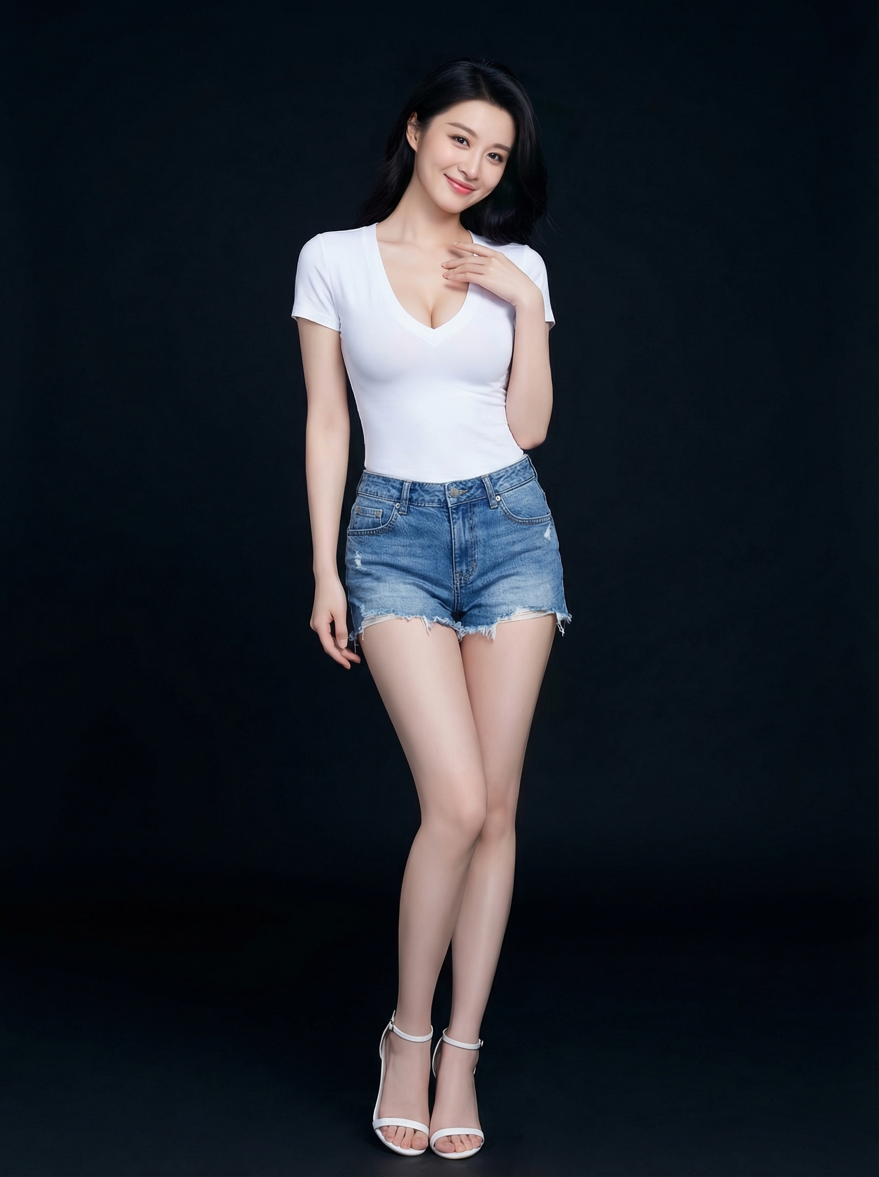 Full-length portrait of a woman in a fitted white top, denim shorts, and high heels standing and smiling against a dark studio background