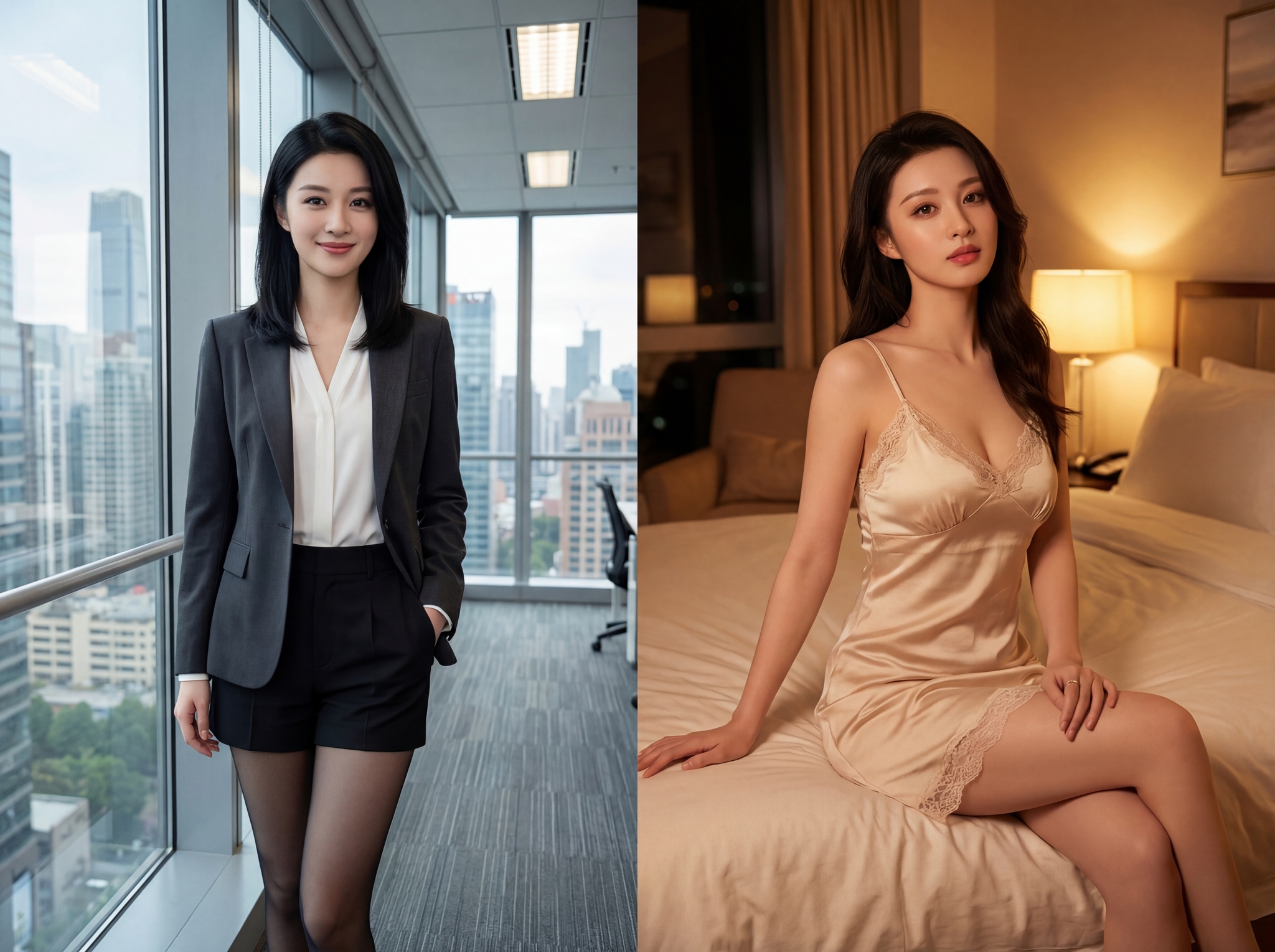 A woman in business attire standing by an office window overlooking a city is juxtaposed with the same woman in a silky nightdress sitting on a hotel bed, highlighting a contrast between professional and intimate personas