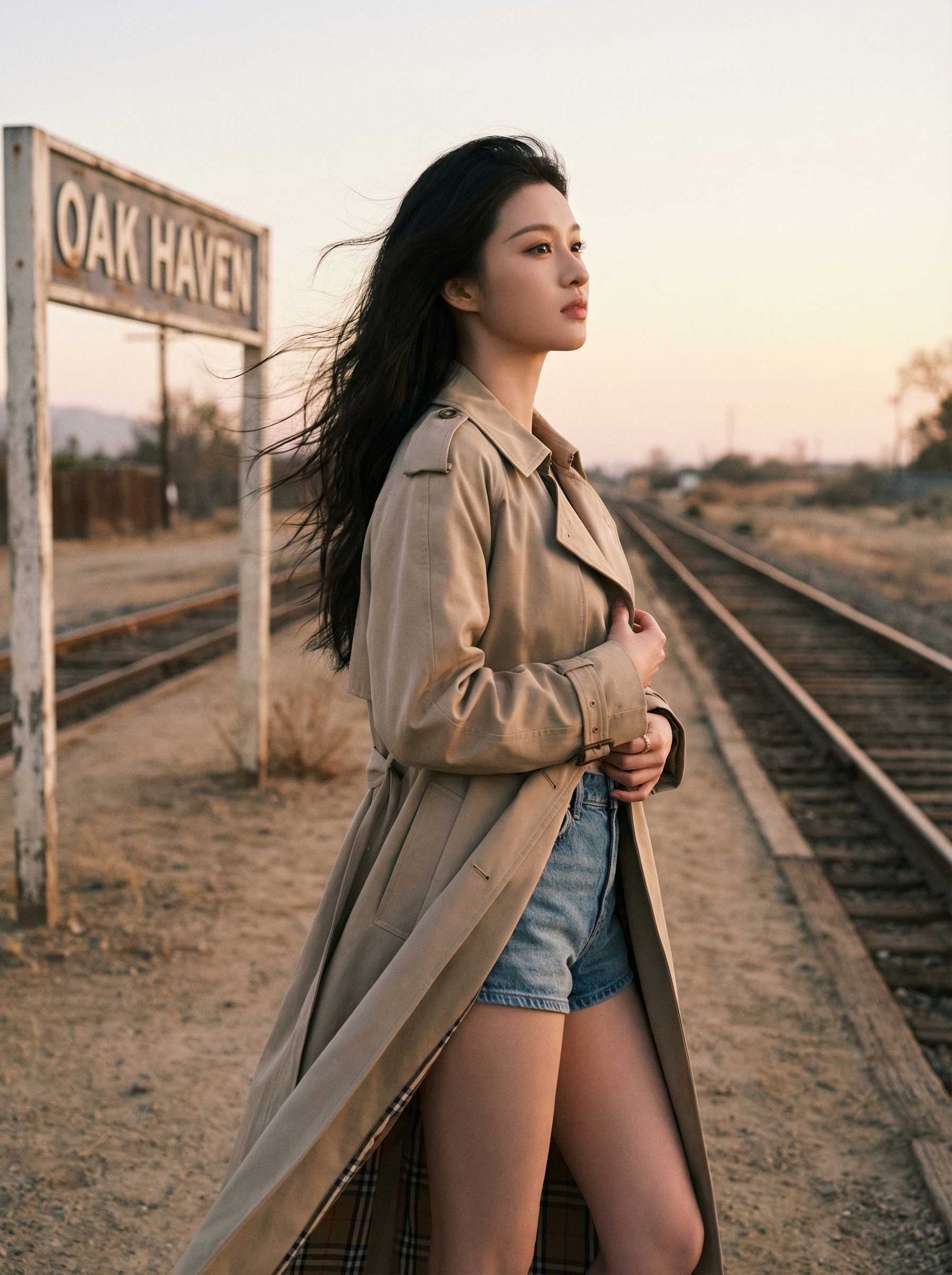 Woman in trench coat and denim shorts standing by empty railroad tracks near an Oak Haven station sign at sunset