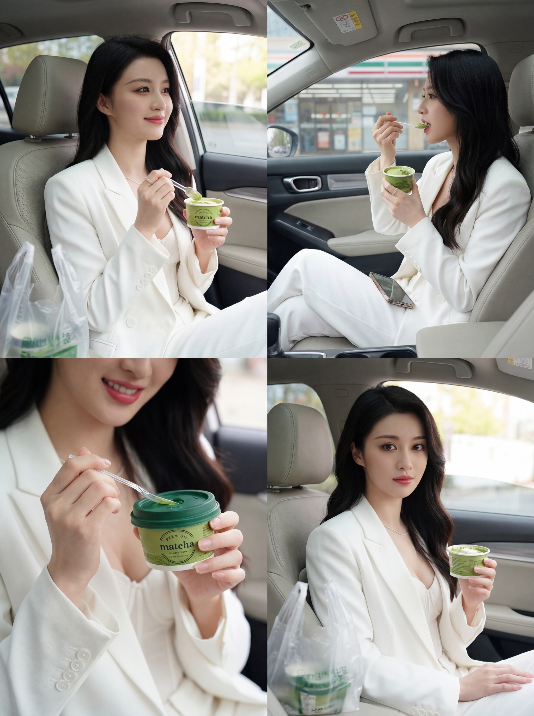 Woman in a white suit sitting in a car eating green matcha dessert from a small container, shown in a four-image collage with close-ups of the cup and her holding a spoon