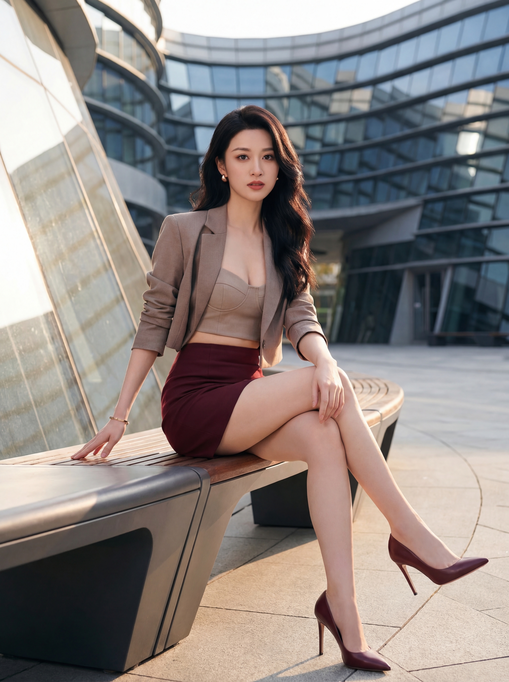 Seated woman in blazer and pencil skirt posing in high heels outside a modern glass building